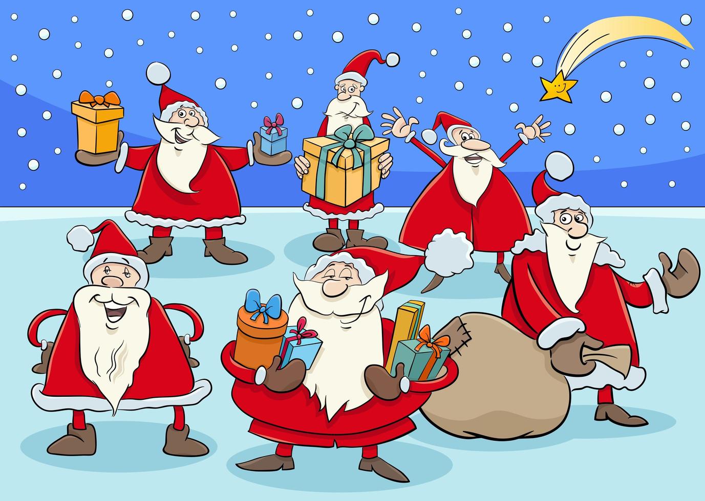 lustige Weihnachtsmann-Zeichengruppe auf Weihnachtszeit vektor