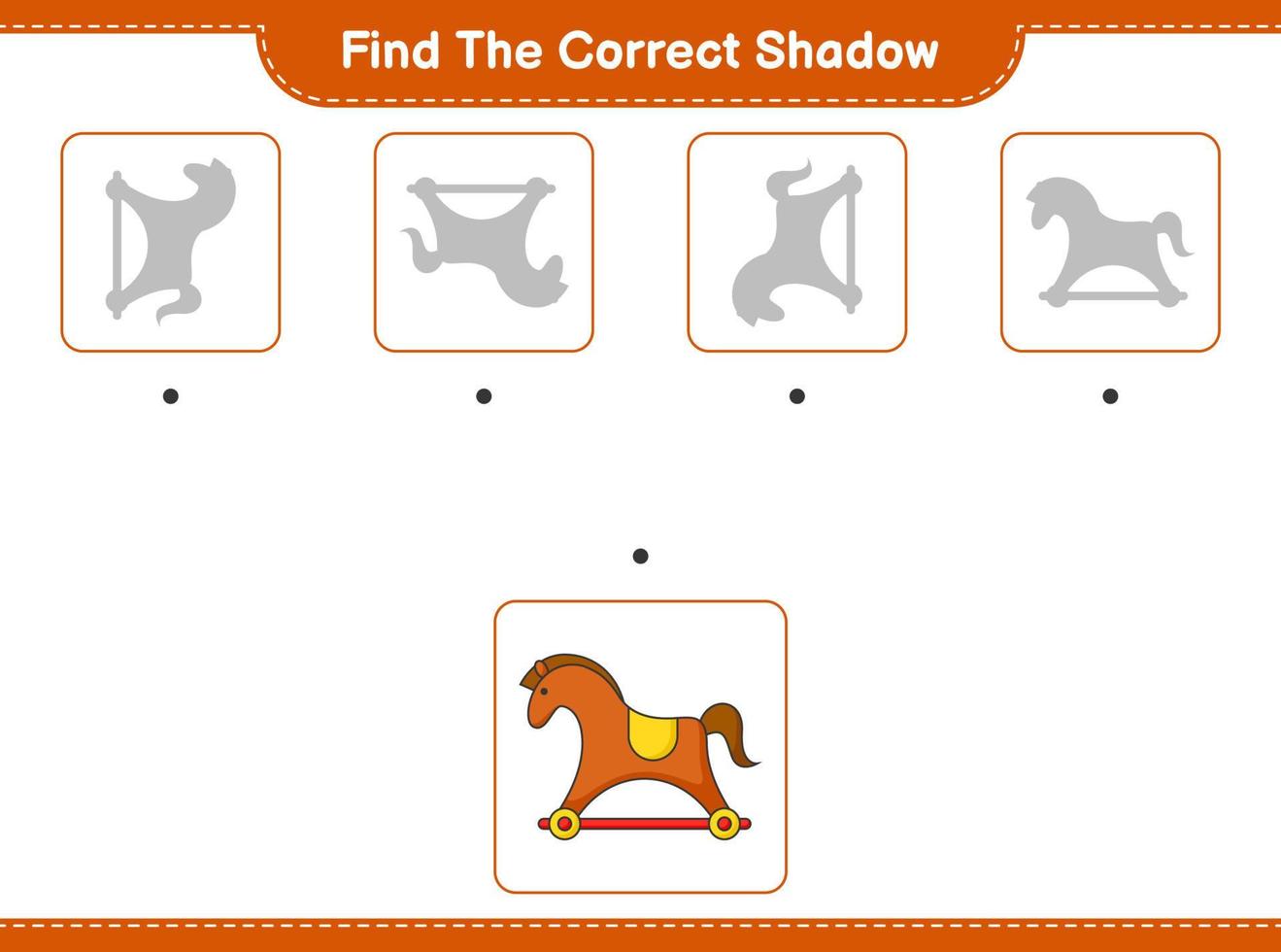 Finden Sie den richtigen Schatten. Finden Sie den richtigen Schatten des Schaukelpferds und passen Sie ihn an. pädagogisches kinderspiel, druckbares arbeitsblatt, vektorillustration vektor
