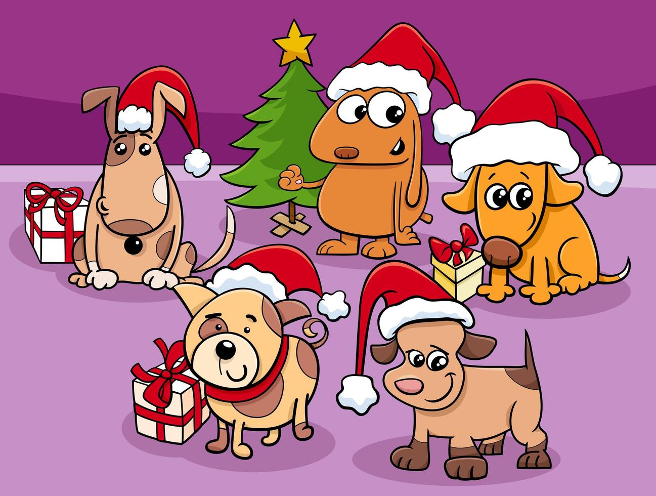 Hundekarikaturfigurengruppe zur Weihnachtszeit vektor