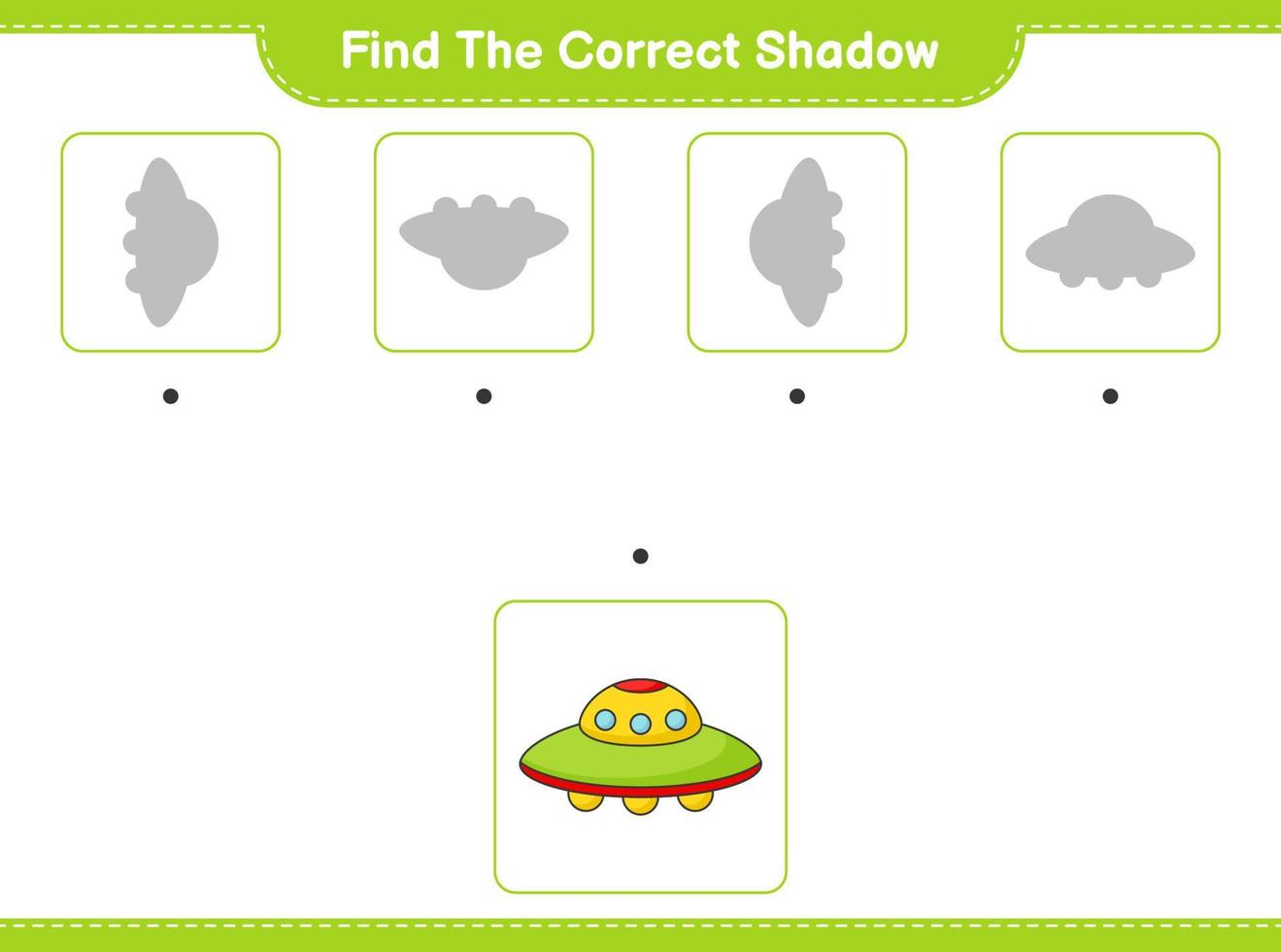 Finden Sie den richtigen Schatten. Finden Sie den richtigen UFO-Schatten und passen Sie ihn an. pädagogisches kinderspiel, druckbares arbeitsblatt, vektorillustration vektor