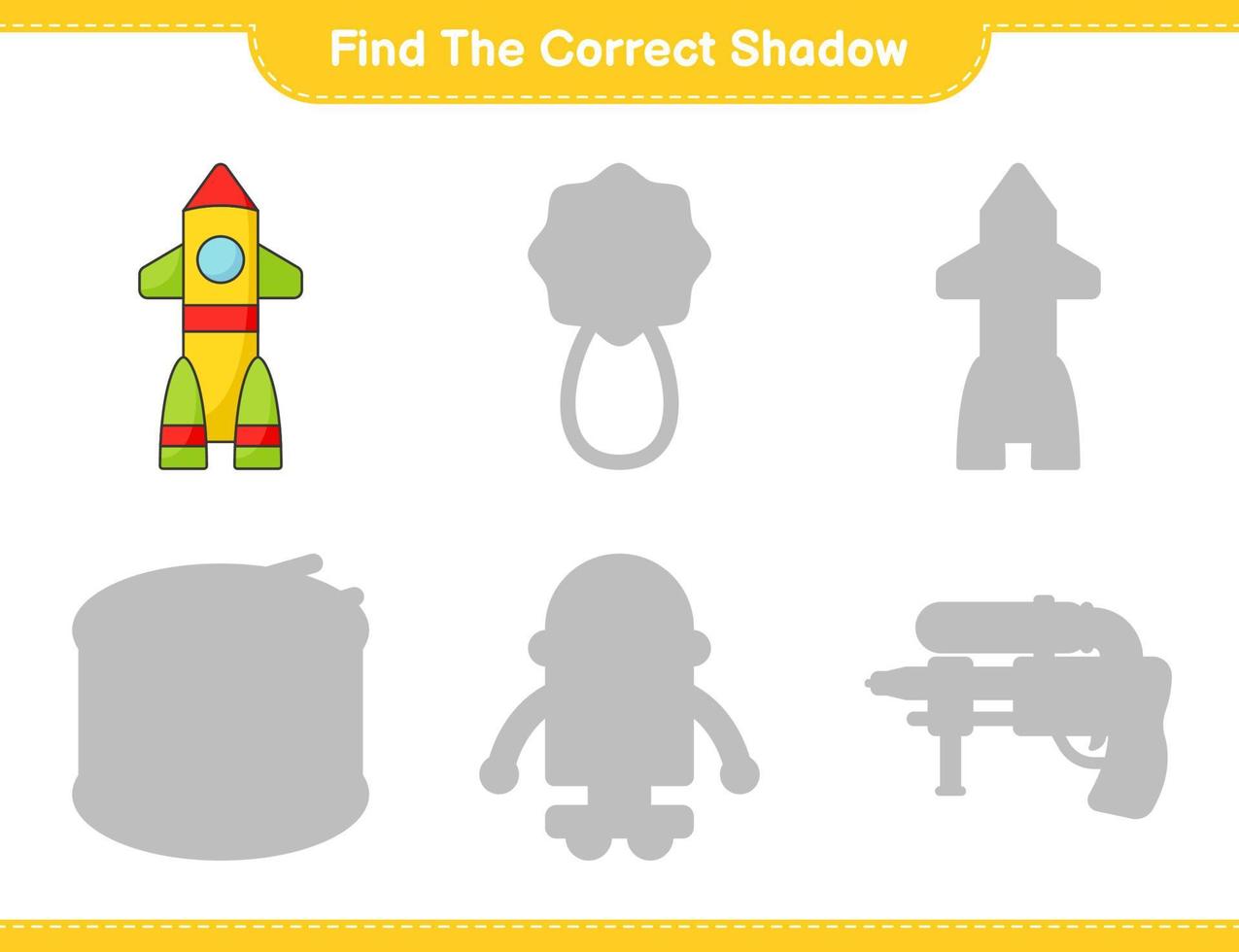 Finden Sie den richtigen Schatten. Finde und kombiniere den richtigen Raketenschatten. pädagogisches kinderspiel, druckbares arbeitsblatt, vektorillustration vektor