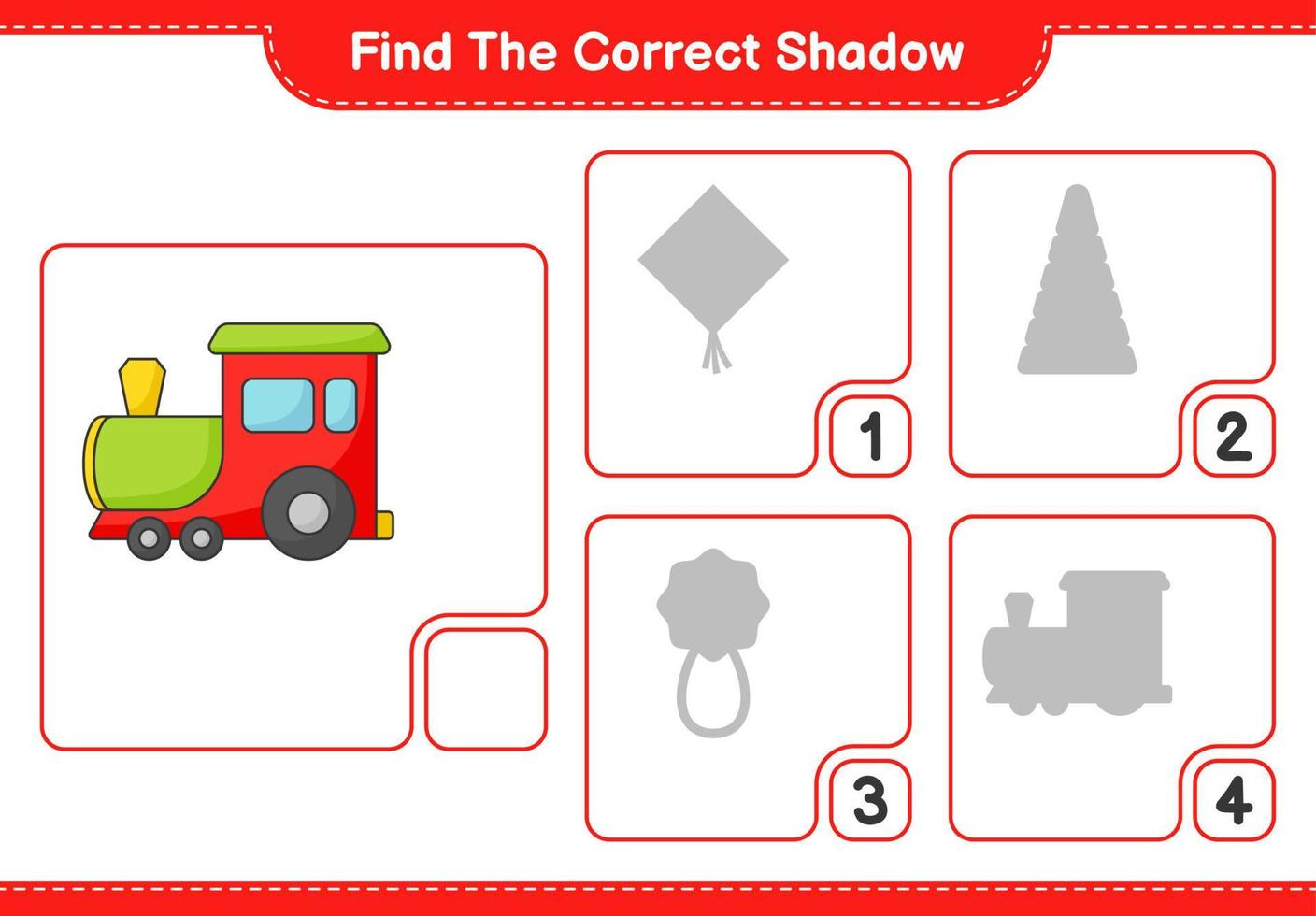 Finden Sie den richtigen Schatten. Finde und passe den richtigen Schatten des Zuges an. pädagogisches kinderspiel, druckbares arbeitsblatt, vektorillustration vektor