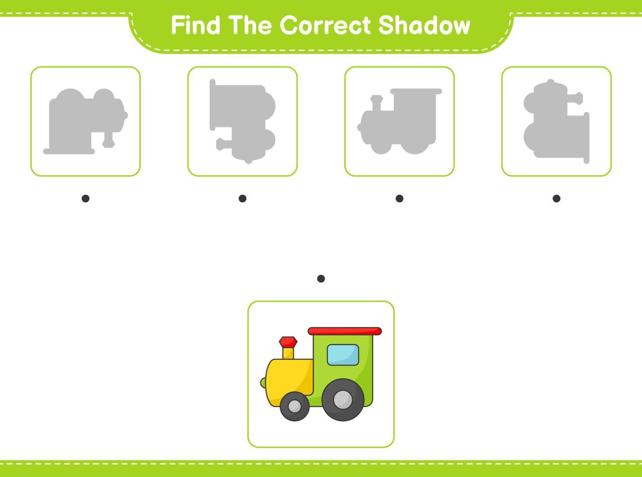 hitta de korrekt skugga. hitta och match de korrekt skugga av tåg. pedagogisk barn spel, tryckbar arbetsblad, vektor illustration