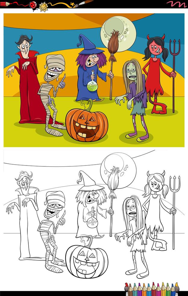 Cartoon Halloween Zeichen Gruppe Malbuch Seite vektor