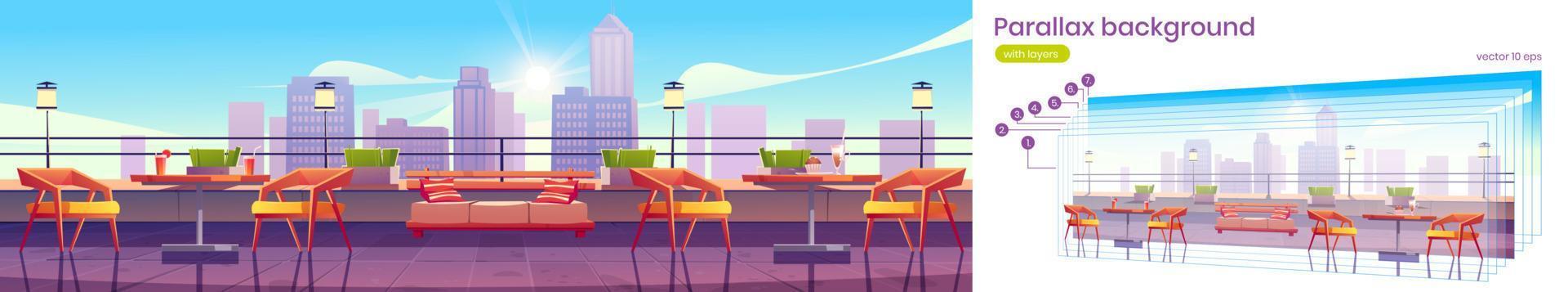 parallax hintergrund mit restaurant auf dem dach vektor