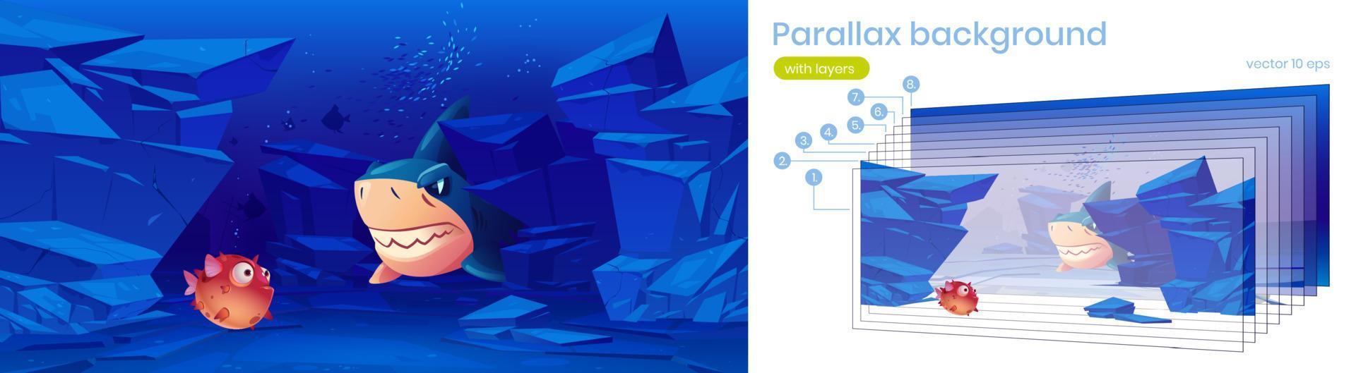 parallax bakgrund med puffer fisk och haj vektor