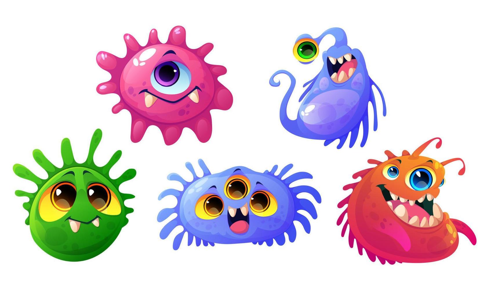 bakterier, virus och bakterie tecknad serie tecken uppsättning vektor