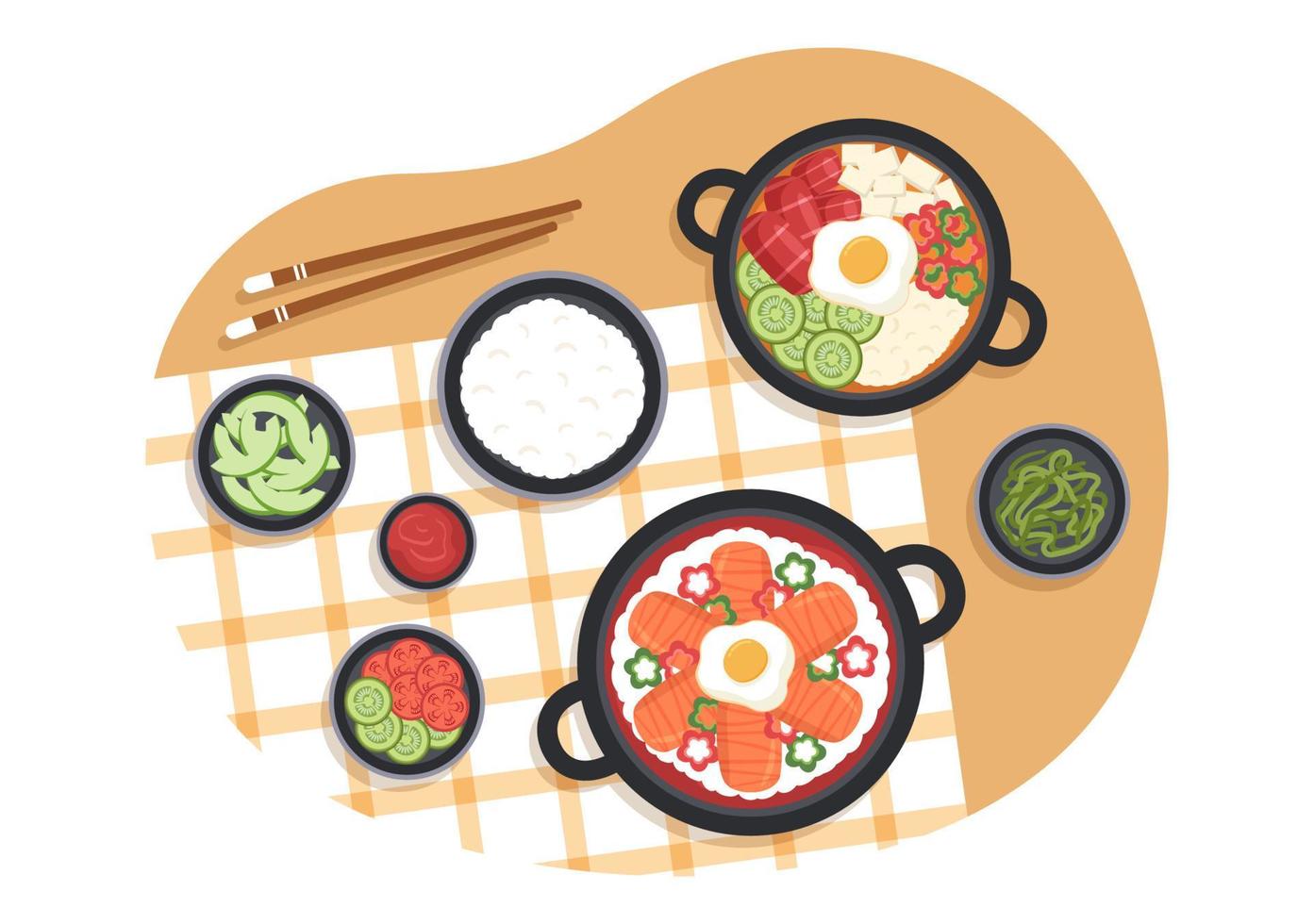 koreanisches lebensmittelmenü mit verschiedenen traditionellen oder nationalen köstlichen küchengerichten in flachen handgezeichneten vorlagenillustrationen der karikatur vektor