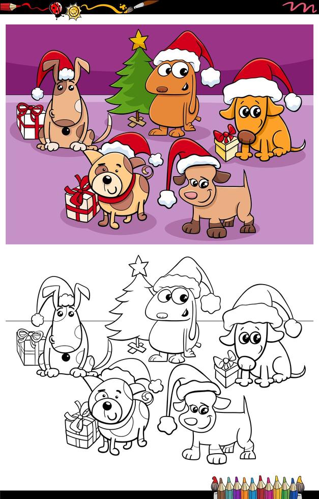 Hundegruppe auf Weihnachtszeit Malbuch Seite vektor