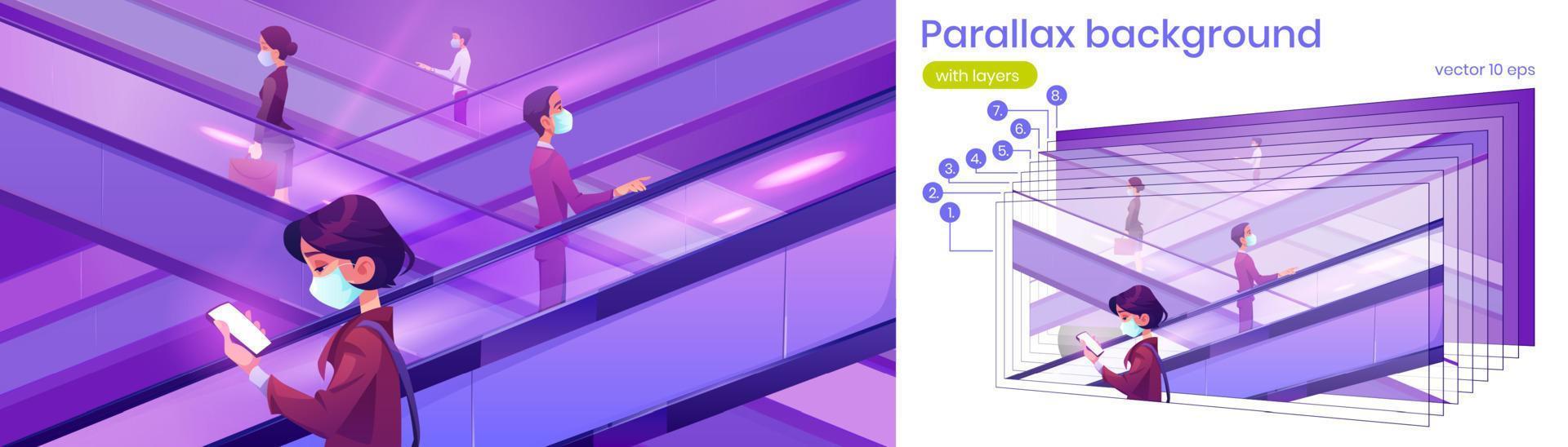 Parallaxe 2D-Hintergrund Menschen in Maske auf Rolltreppe vektor