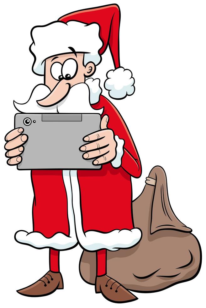 Weihnachtsmann-Zeichentrickfilmfigur des Weihnachtsmannes mit Tablette pc vektor