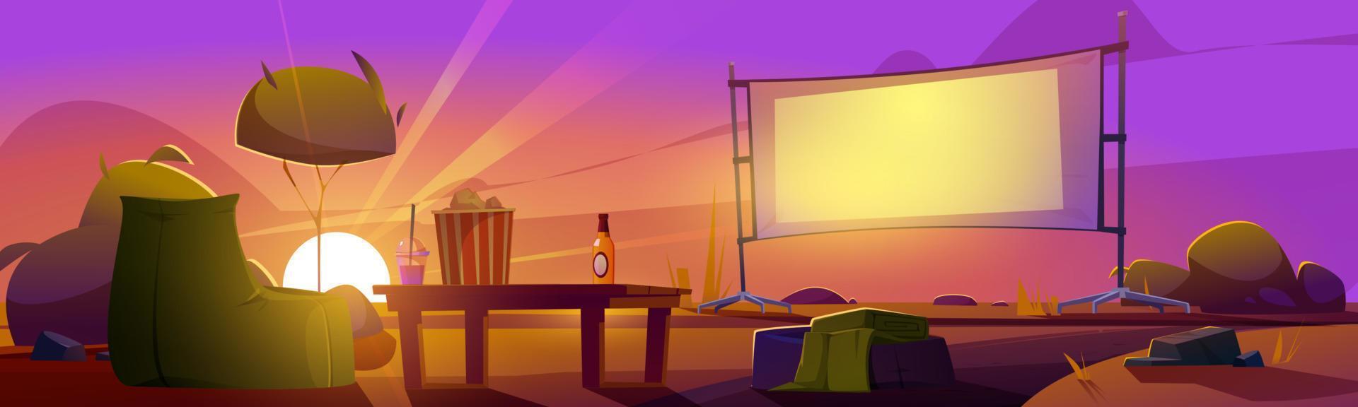utomhus- bio på solnedgång sommar landskap, film vektor
