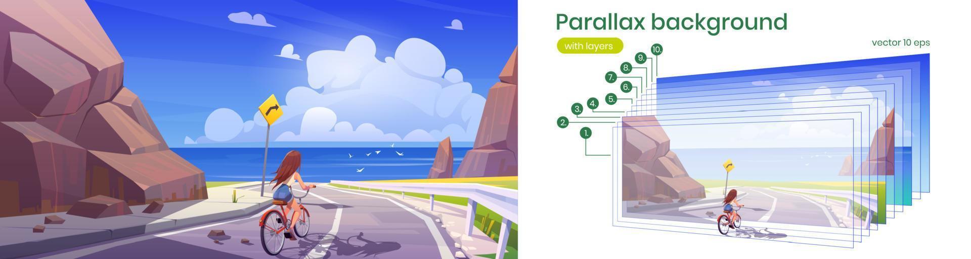 parallaxehintergrund mit mädchen auf fahrrad und meerblick vektor