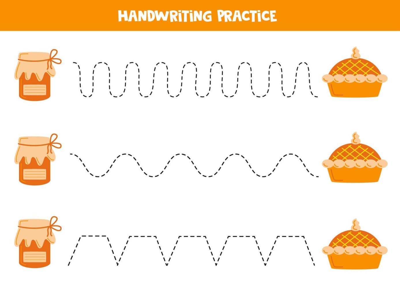 spårande rader för ungar. sylt burk och gott paj. skrivning öva. vektor