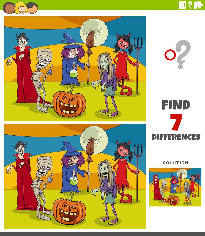 Unterschiede pädagogische Aufgabe für Kinder mit Halloween-Charakteren vektor