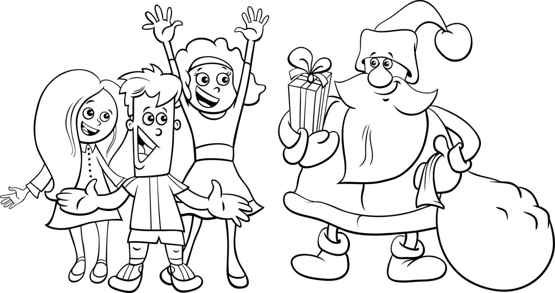 karikaturweihnachtsmann mit sack weihnachtsgeschenken und kindern vektor