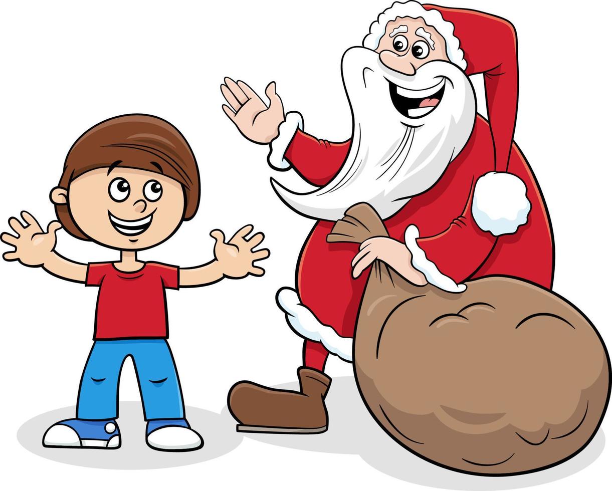 tecknad serie santa clausr med säck av jul presenterar och en pojke vektor