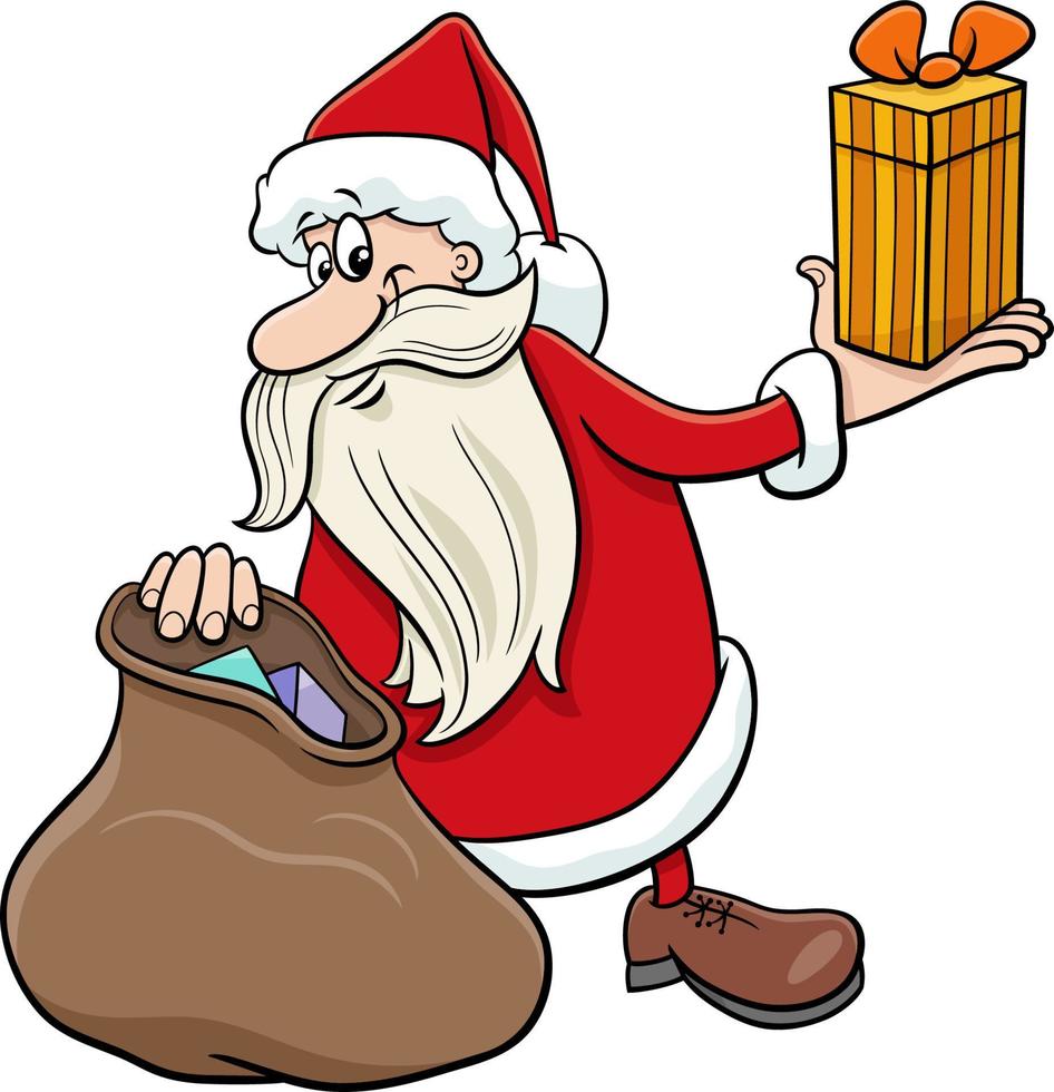 Cartoon-Weihnachtsmann mit Weihnachtsgeschenk und Sack vektor