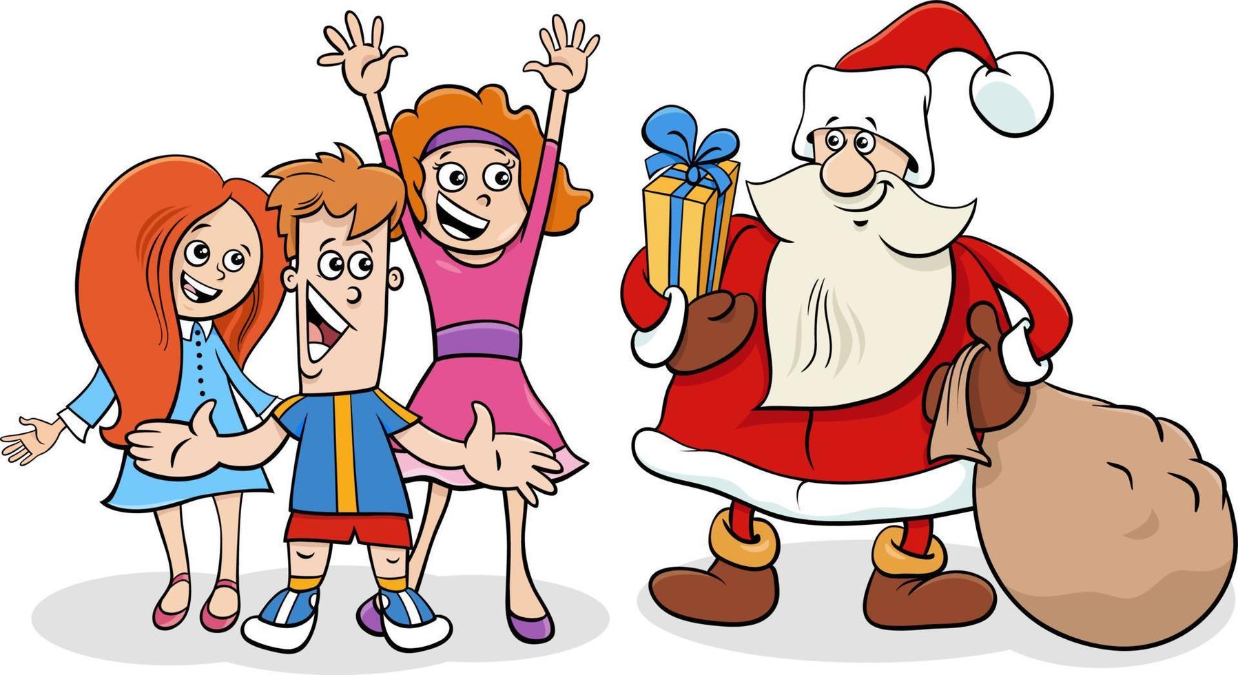 tecknad serie santa claus med säck av jul gåvor och barn vektor