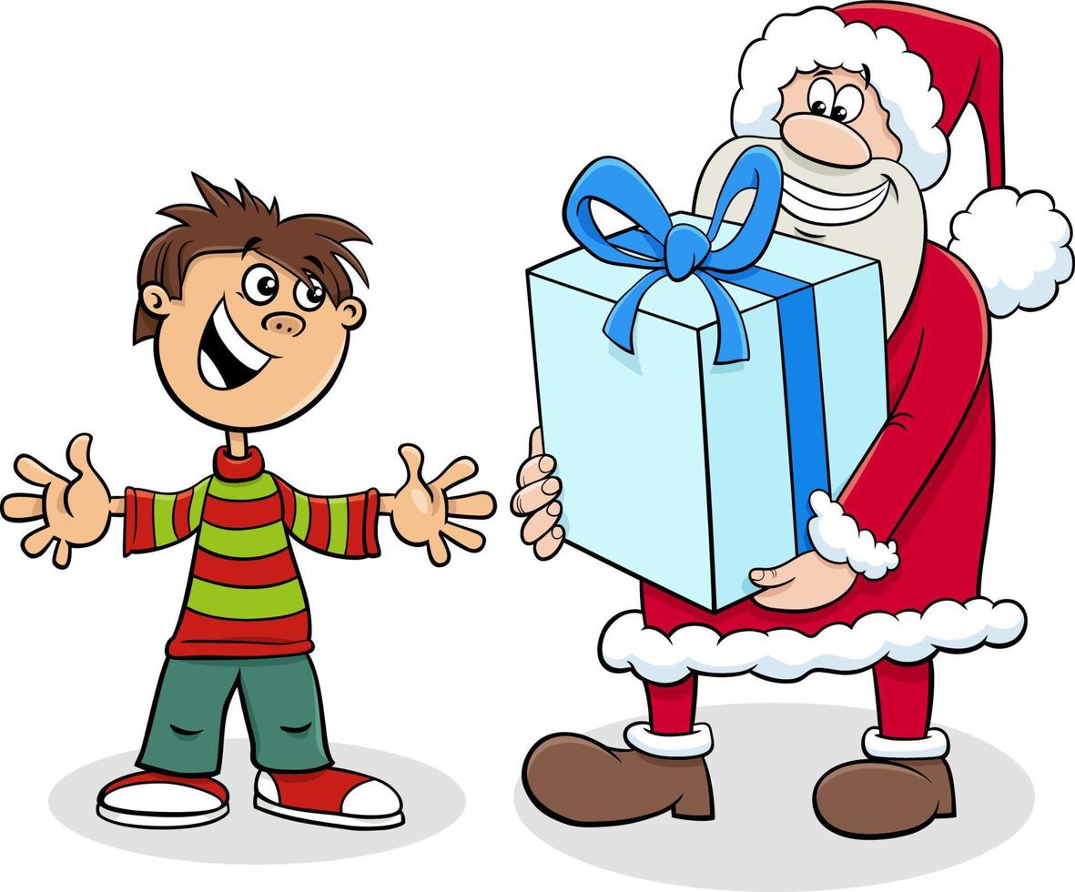 tecknad serie santa claus ger stor jul närvarande till en pojke vektor