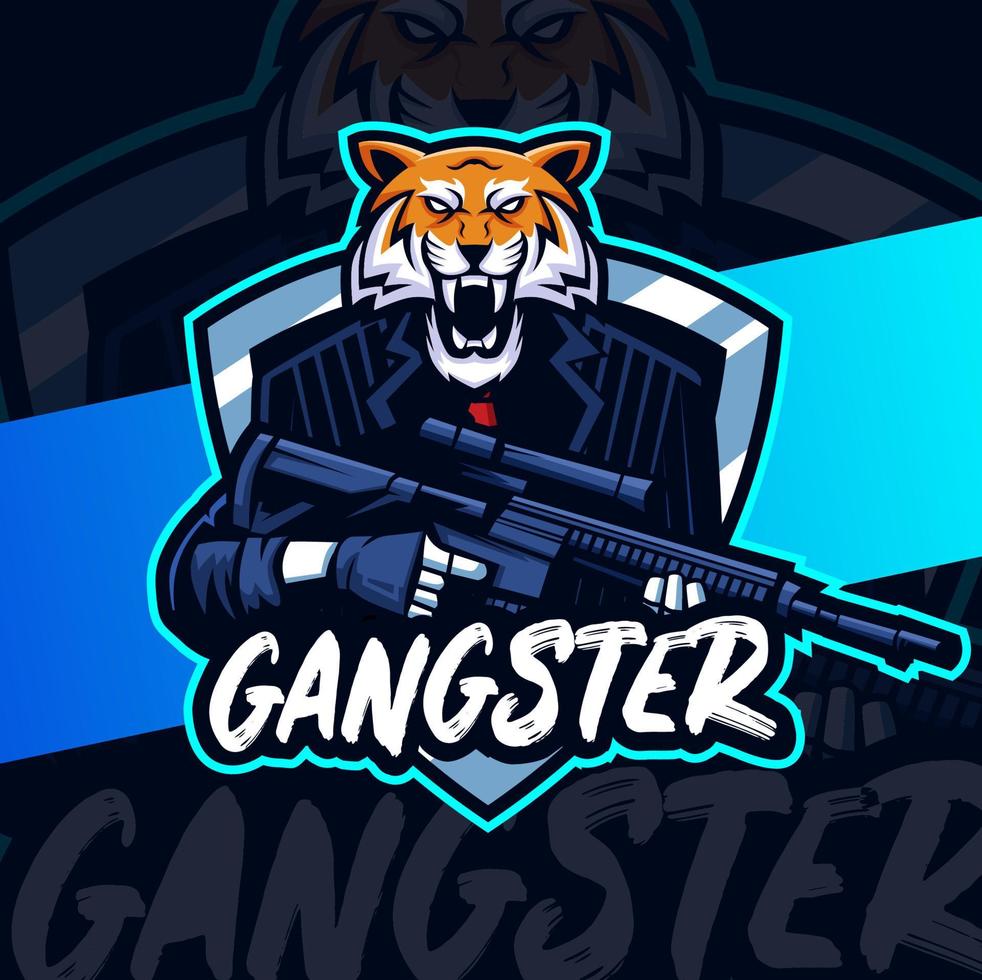 gangster-tiger-charakter-maskottchen-design mit waffen- und kriegsposition für spiel- und sportlogo vektor