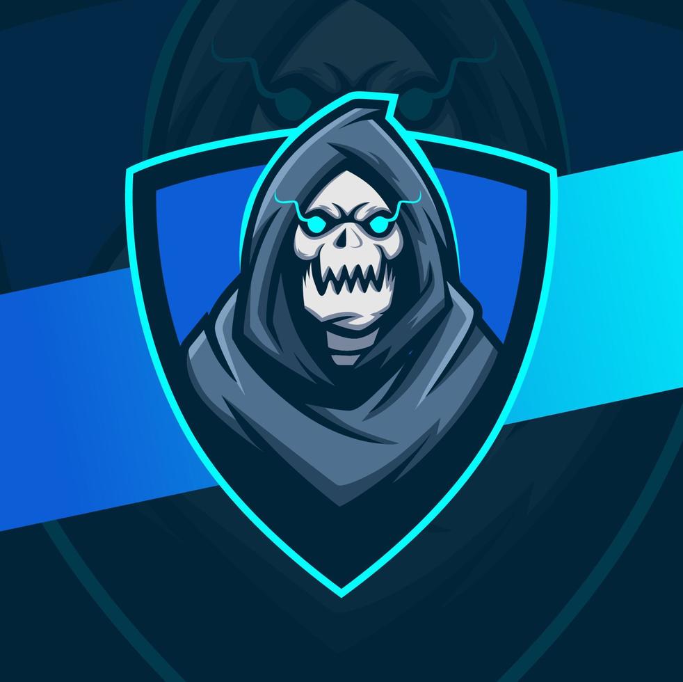 reaper schädelkopf mit haube maskottchen charakter esport logo design bestes design für gaming und sport logo vektor