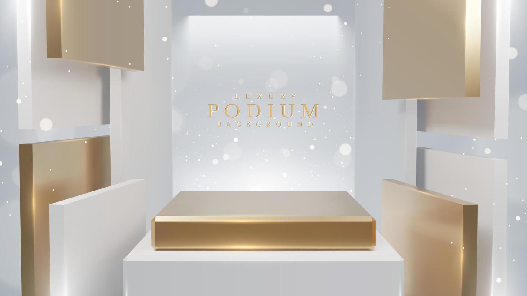 produkt visa podium med vit fyrkant geometrisk form element och guld med bokeh dekoration och glitter ljus effekt. realistisk lyx stil design. vektor illustration.