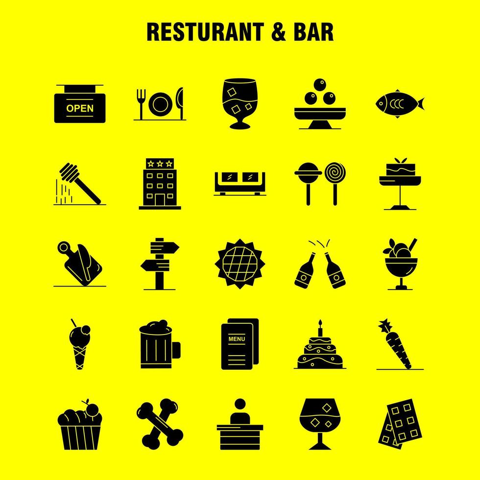 Restaurant und Bar solides Glyphen-Symbol für Webdruck und mobiles Uxui-Kit wie Richtungsnavigationsschild Hoteltafel offenes Schild Piktogramm-Packvektor vektor