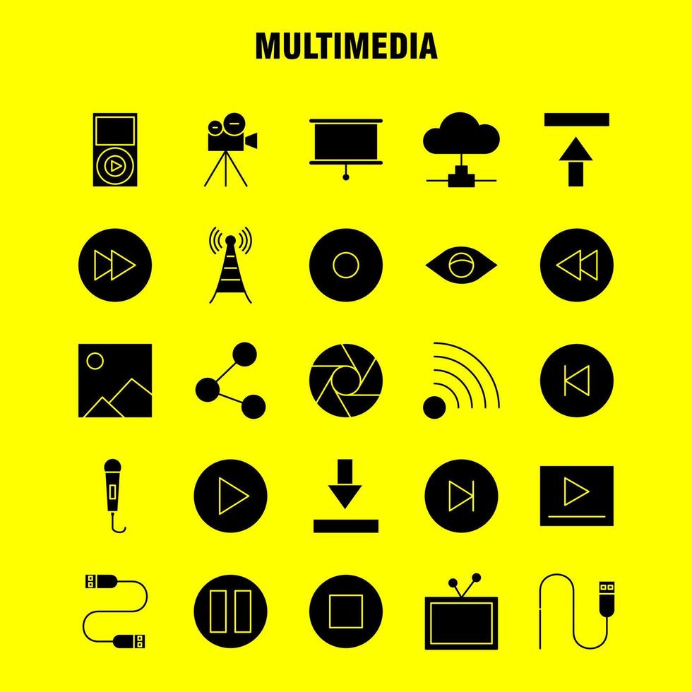 Multimedia-Solid-Glyph-Symbol für Webdruck und mobiles Uxui-Kit wie Mikrofon, Mikrofon, Musik, Audio, schneller Vorlauf, Wiedergabe, Piktogramm-Paketvektor vektor