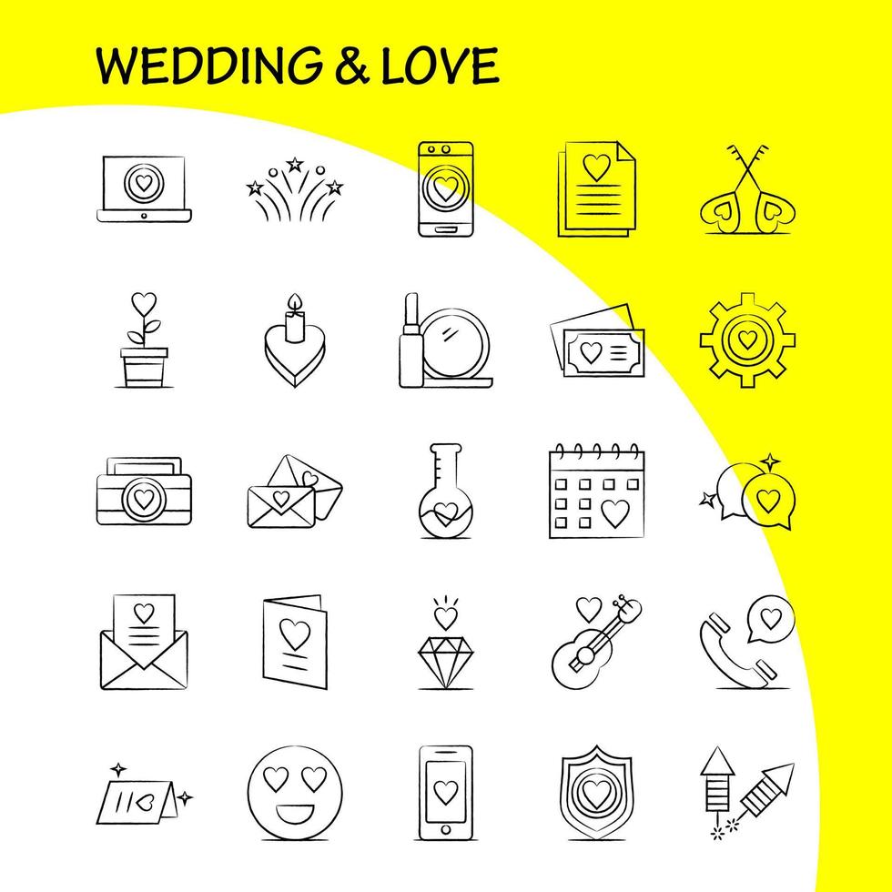 handgezeichnete symbole für hochzeit und liebe, die für infografiken, mobiles uxui-kit und druckdesign festgelegt wurden, umfassen laptop, liebe, herz, hochzeitskarte, liebe, herz, hochzeit, symbol, satz, vektor