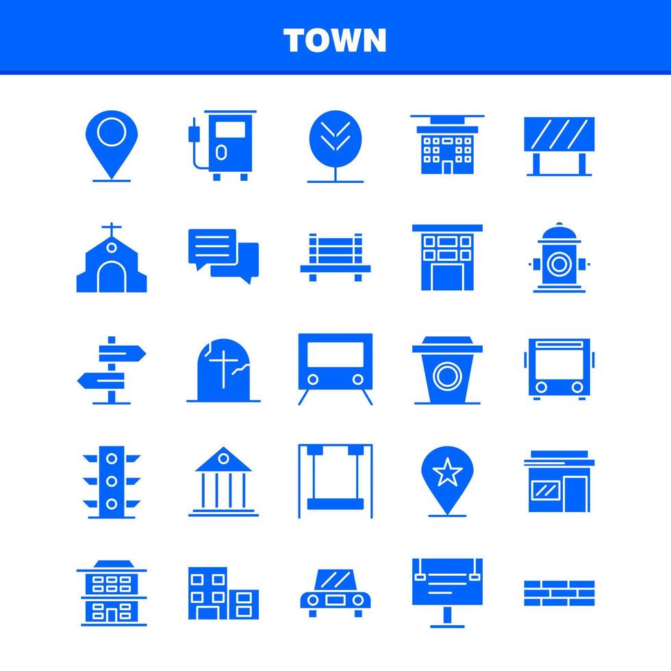 Solide Glyphensymbole der Stadt für Infografiken, mobiles Uxui-Kit und Druckdesign, einschließlich Lageplan, Stadt, Kirche, Haus, Stadtpark, Spielplatz, Symbolsatz, Vektor