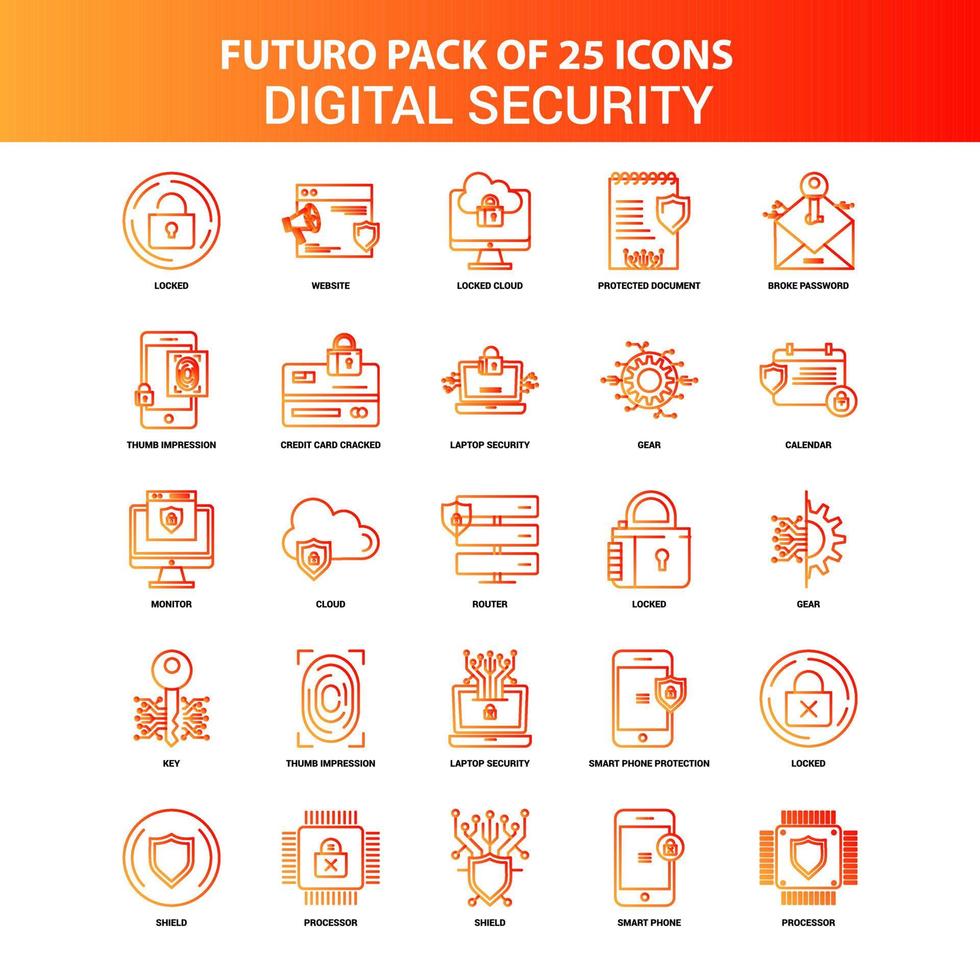 Orange Futuro 25 Symbolsatz für digitale Sicherheit vektor