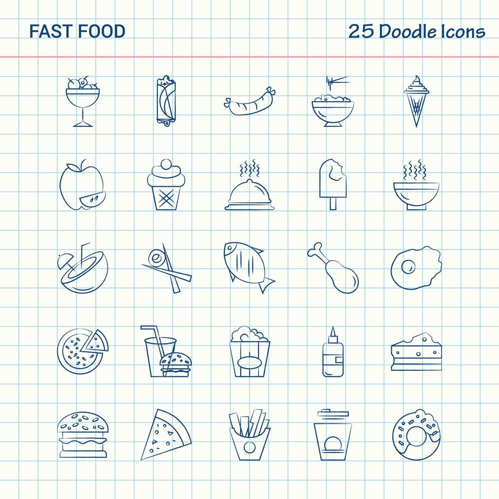 Fastfood 25 Gekritzelikonen Hand gezeichneter Geschäftsikonensatz vektor