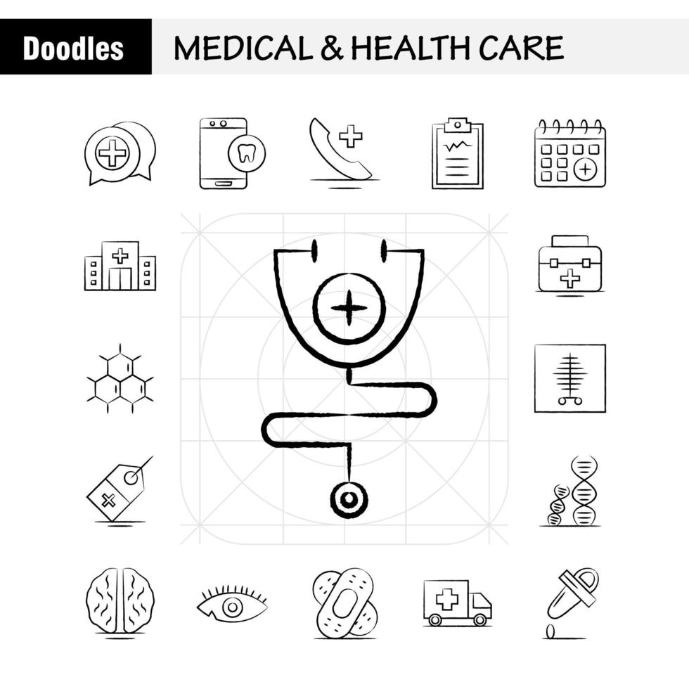 medicinsk och hälsa vård hand dragen ikon för webb skriva ut och mobil uxui utrustning sådan som medicinsk chattar plus hälsa mobil cell tand medicinsk piktogram packa vektor