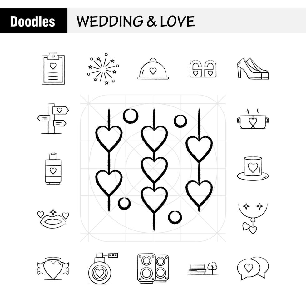 bröllop och kärlek hand dragen ikoner uppsättning för infographics mobil uxui utrustning och skriva ut design inkludera Urklipp hjärta kärlek text fyrverkeri brand kärlek bröllop ikon uppsättning vektor