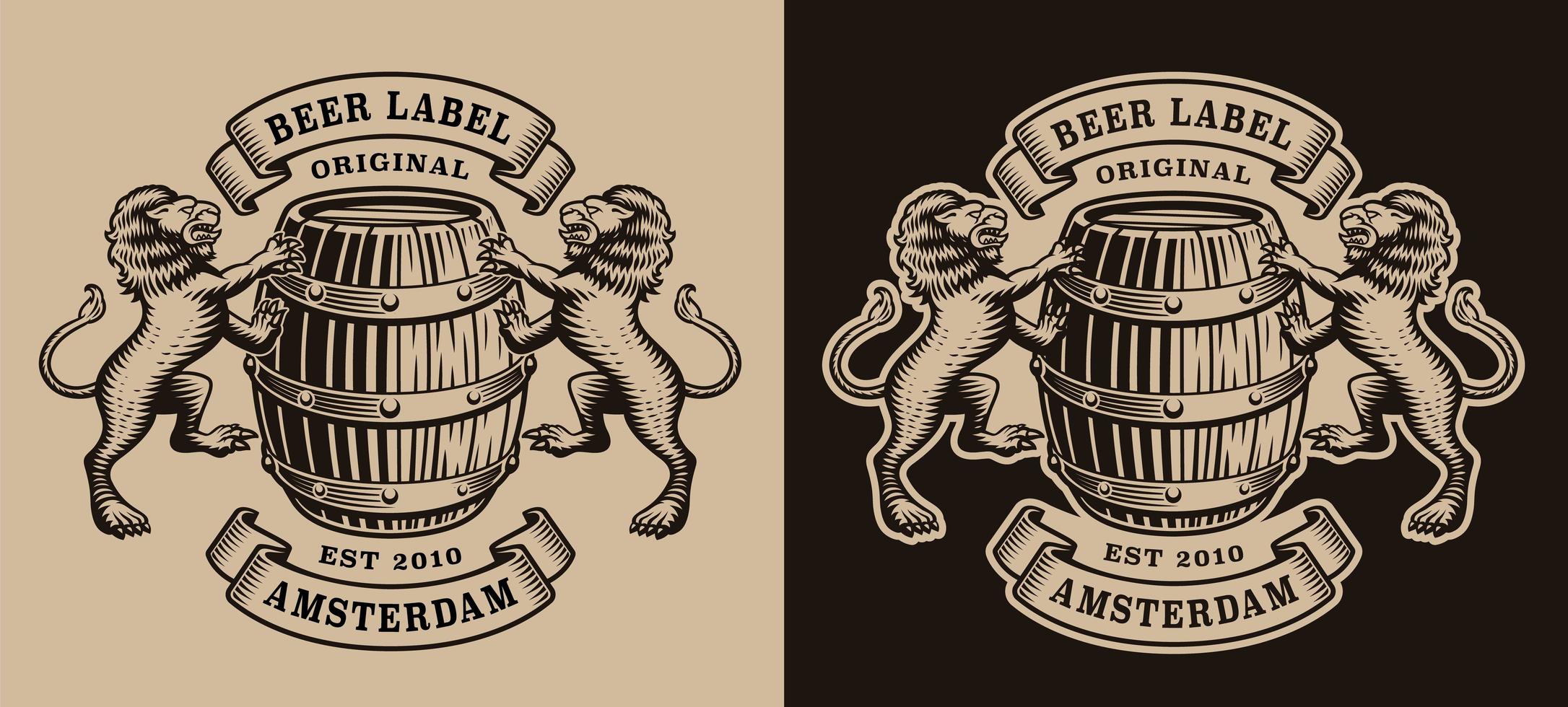 vintage bryggerimärke med fat och lejon vektor