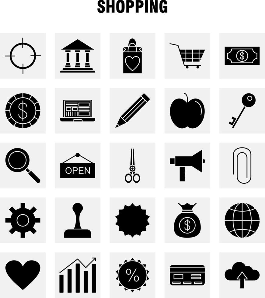 Einkaufen solides Glyphen-Symbol für Webdruck und mobiles Uxui-Kit wie Unternehmensfinanzierungs-Wachstumsdiagramm Business-Dollar-Finanzziel-Piktogramm-Paketvektor vektor