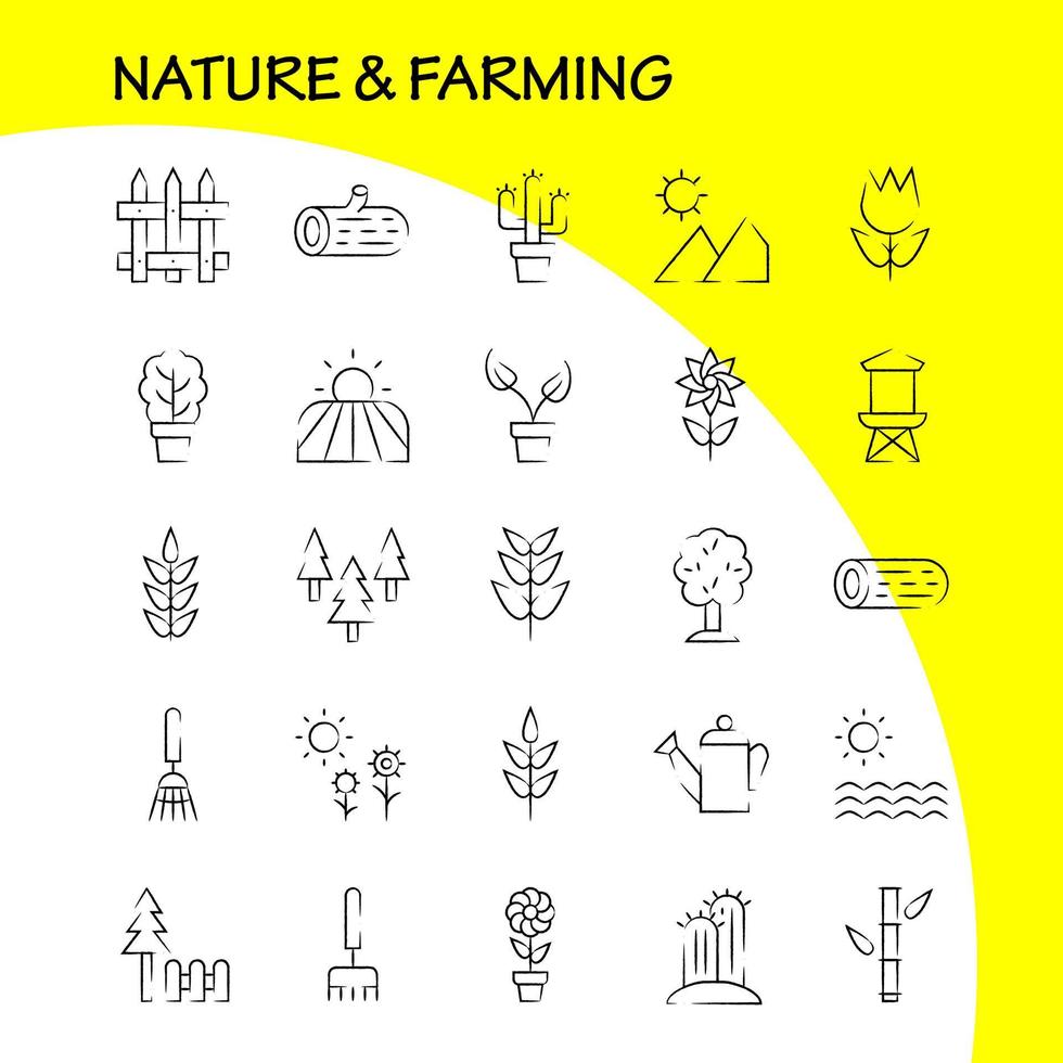 Natur und Landwirtschaft handgezeichnetes Icon-Pack für Designer und Entwickler Ikonen der Scheunengebäude-Bauernhof-Landwirtschaftsnatur runder Gebirgsvektor vektor