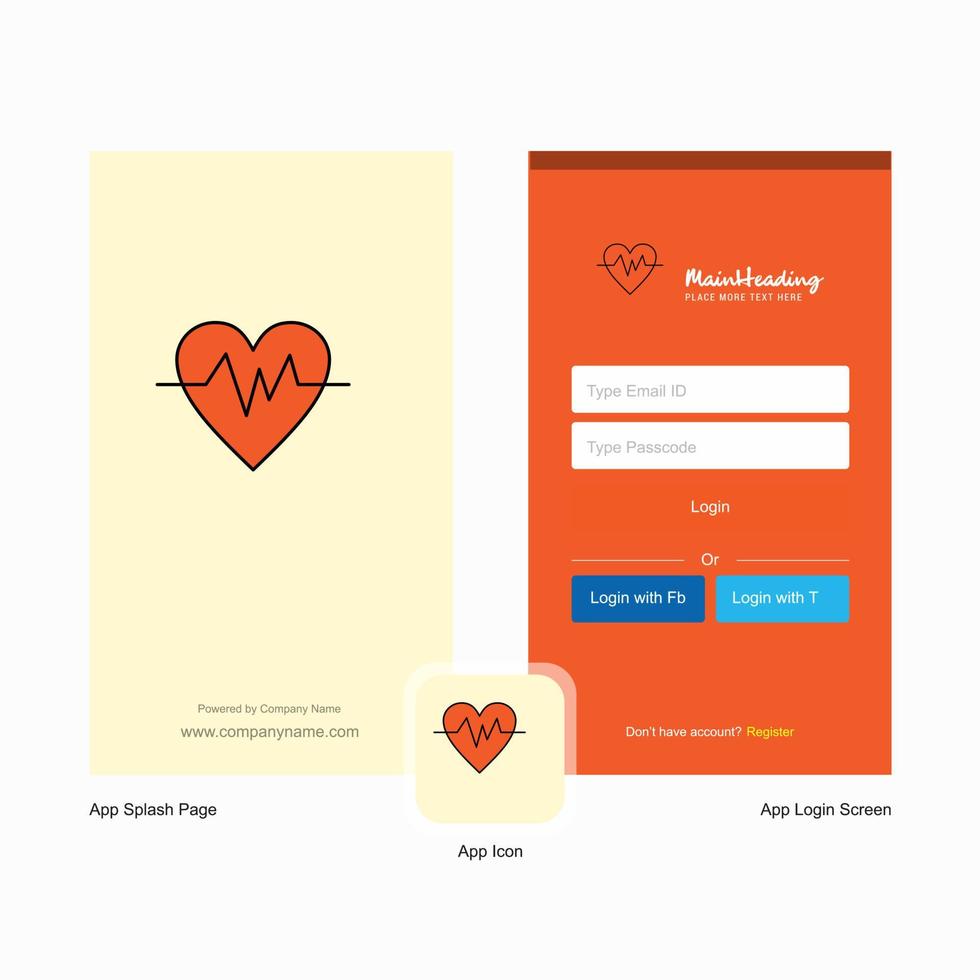 Unternehmensherzschlag-Begrüßungsbildschirm und Login-Seitendesign mit Logo-Vorlage Mobile Online-Business-Vorlage vektor