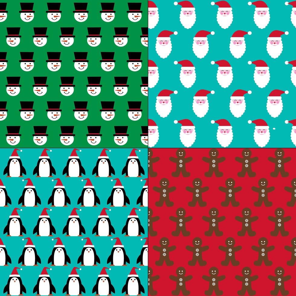 Weihnachtsmuster für Weihnachtsmänner, Schneemänner, Pinguine und Lebkuchen vektor