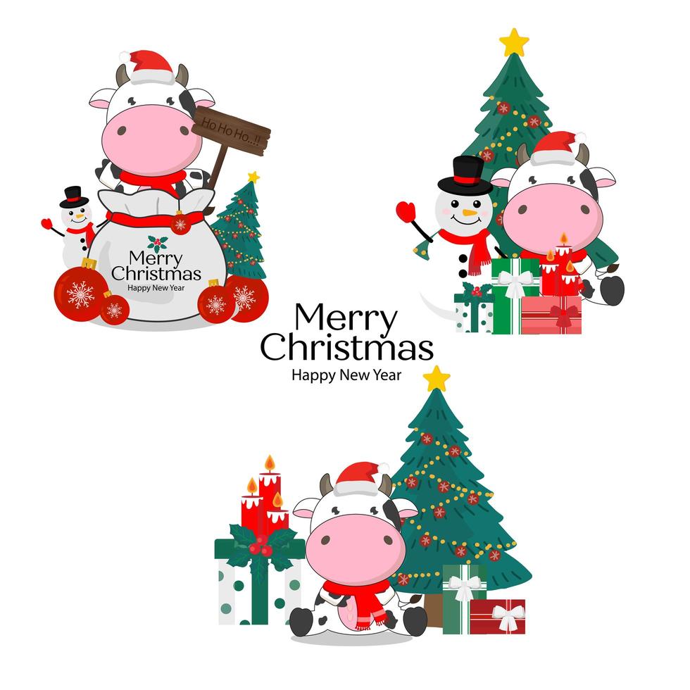 Frohe Weihnachtskarte mit niedlichen Kühen vektor