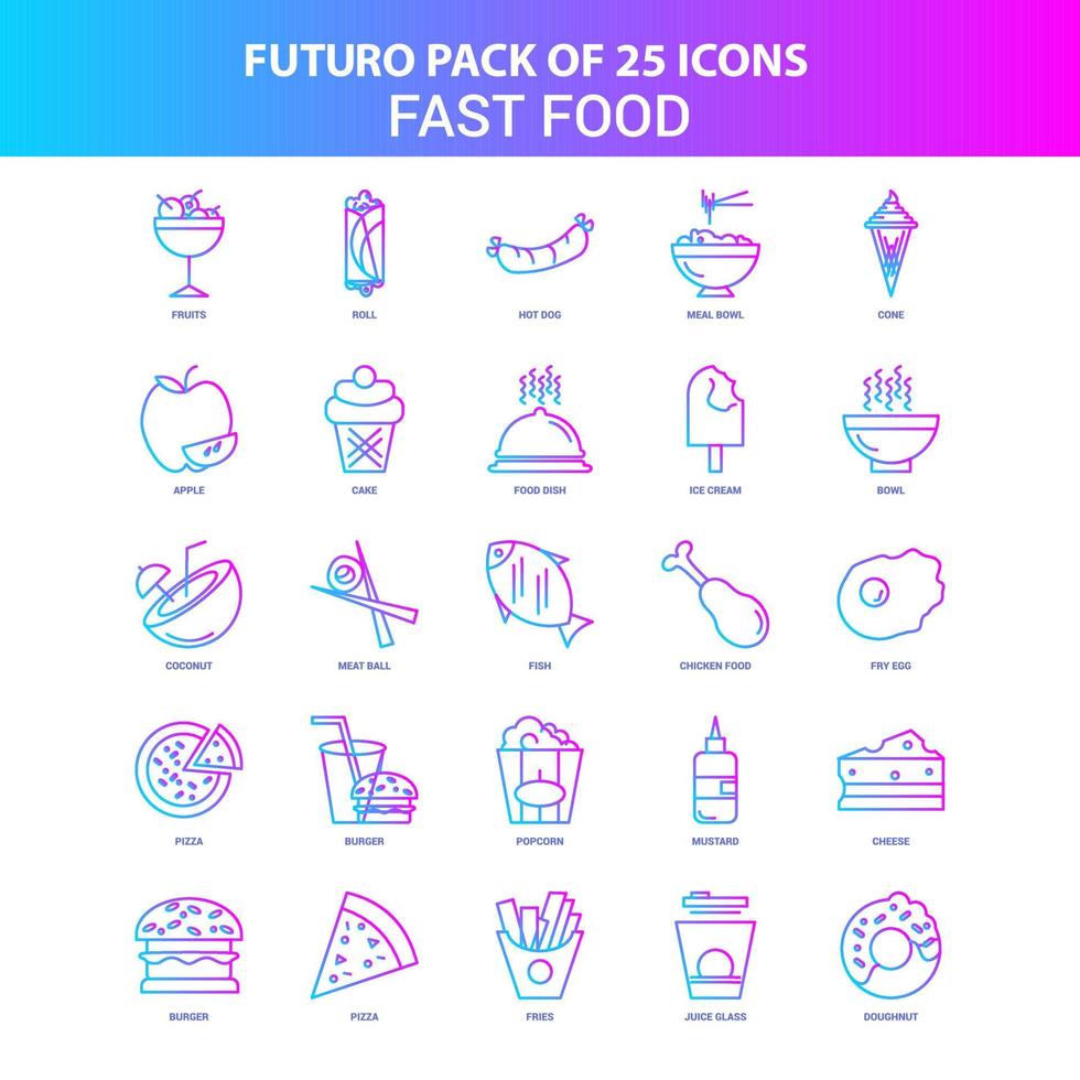 25 blaue und rosa Futuro-Fast-Food-Icon-Pack vektor