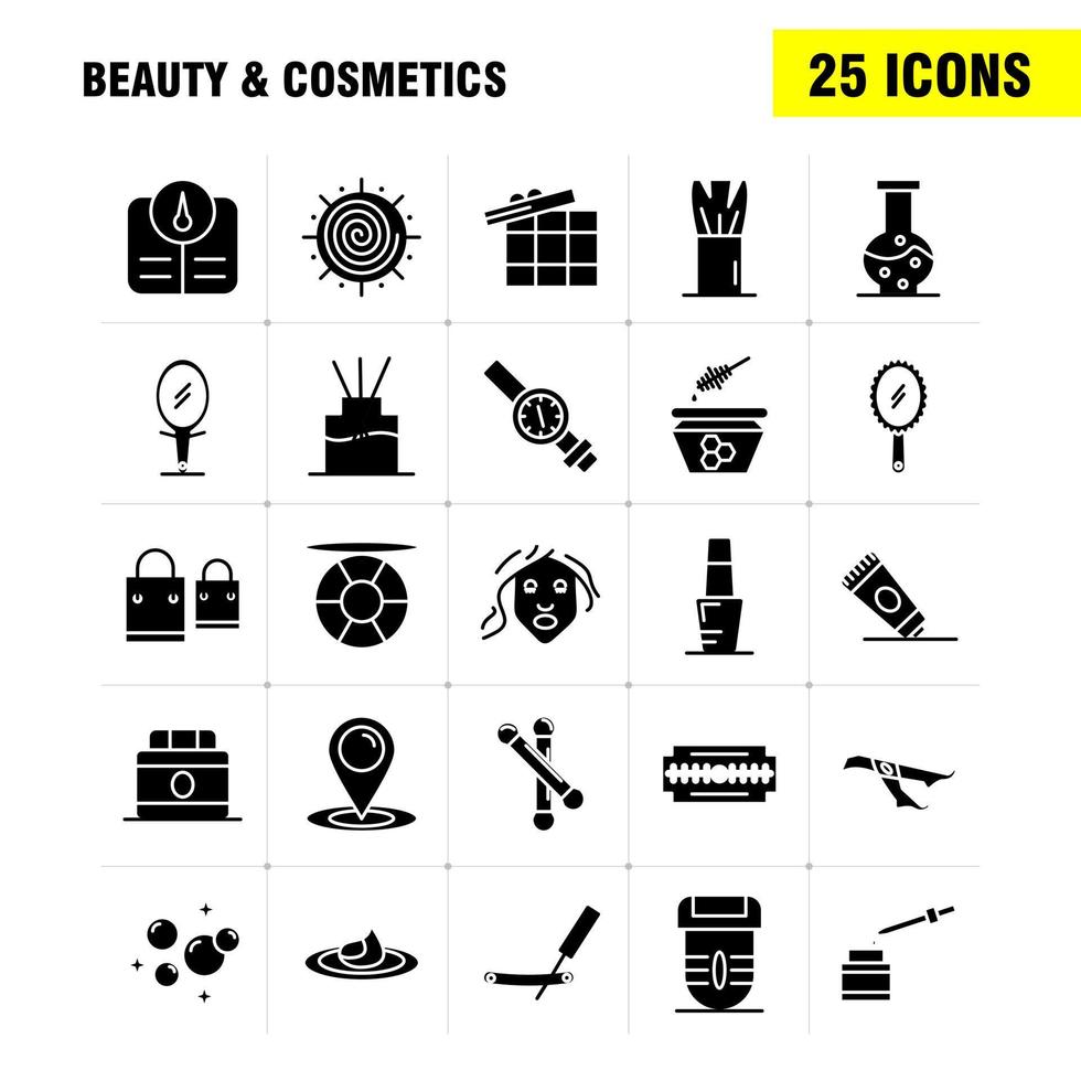 feste Glyphensymbole für Schönheit und Kosmetik, die für Infografiken, mobiles Uxui-Kit und Druckdesign festgelegt wurden, umfassen Klingenschnitt-Rasiermesser, kosmetischen Standort, Kosmetik-Schönheitsbad-Icon-Set-Vektor vektor