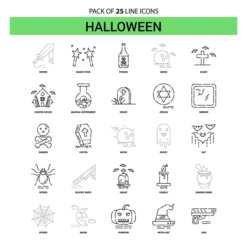 Halloween-Liniensymbolsatz 25 gestrichelter Umrissstil vektor