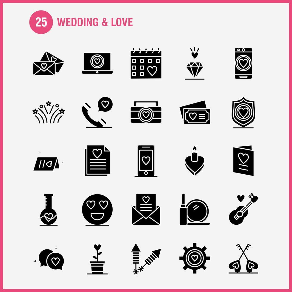 bröllop och kärlek fast glyf ikoner uppsättning för infographics mobil uxui utrustning och skriva ut design inkludera bärbar dator kärlek hjärta bröllop kort kärlek hjärta bröllop ikon uppsättning vektor