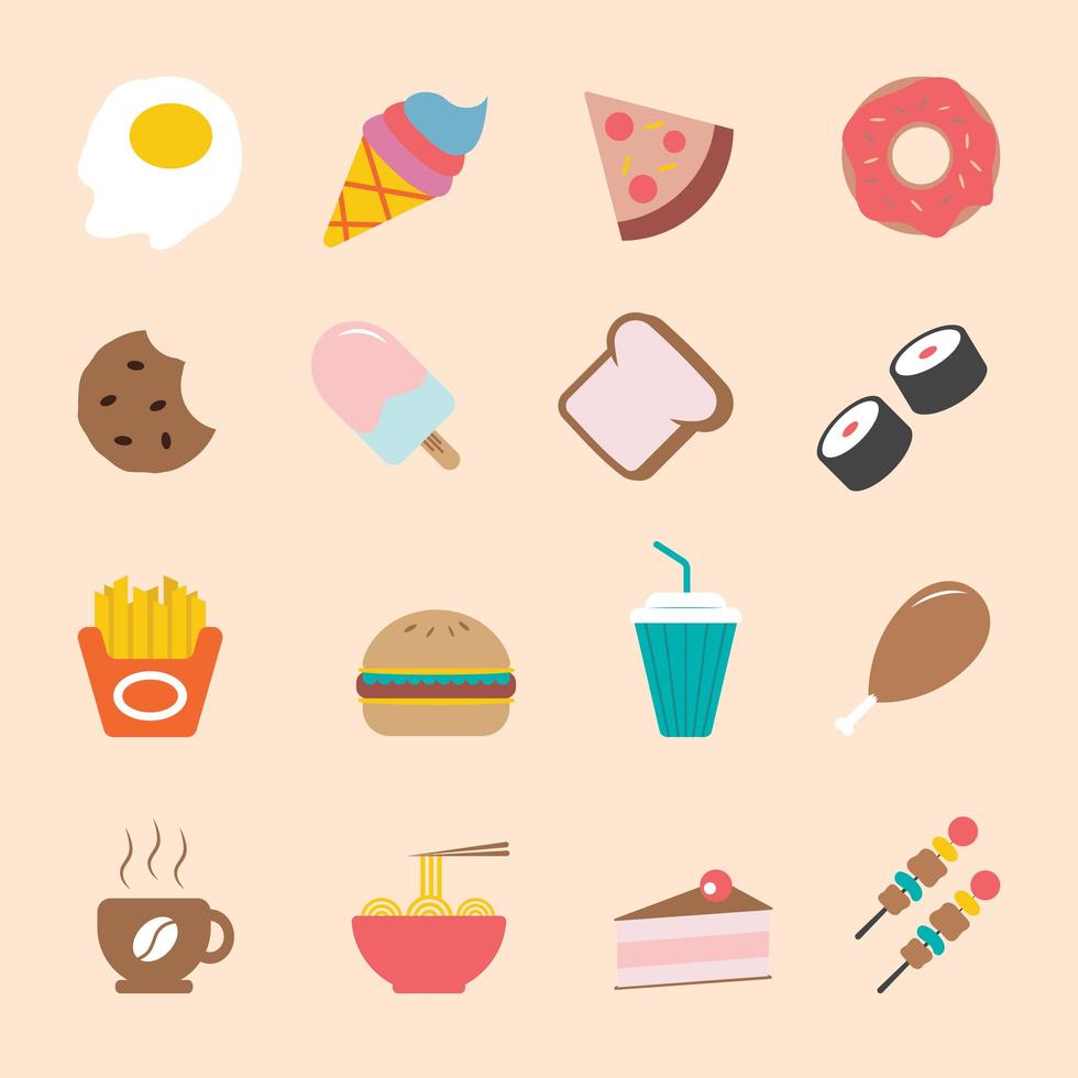 Lebensmittel voller Farbe flache Cartoon-Stil Icon Set vektor