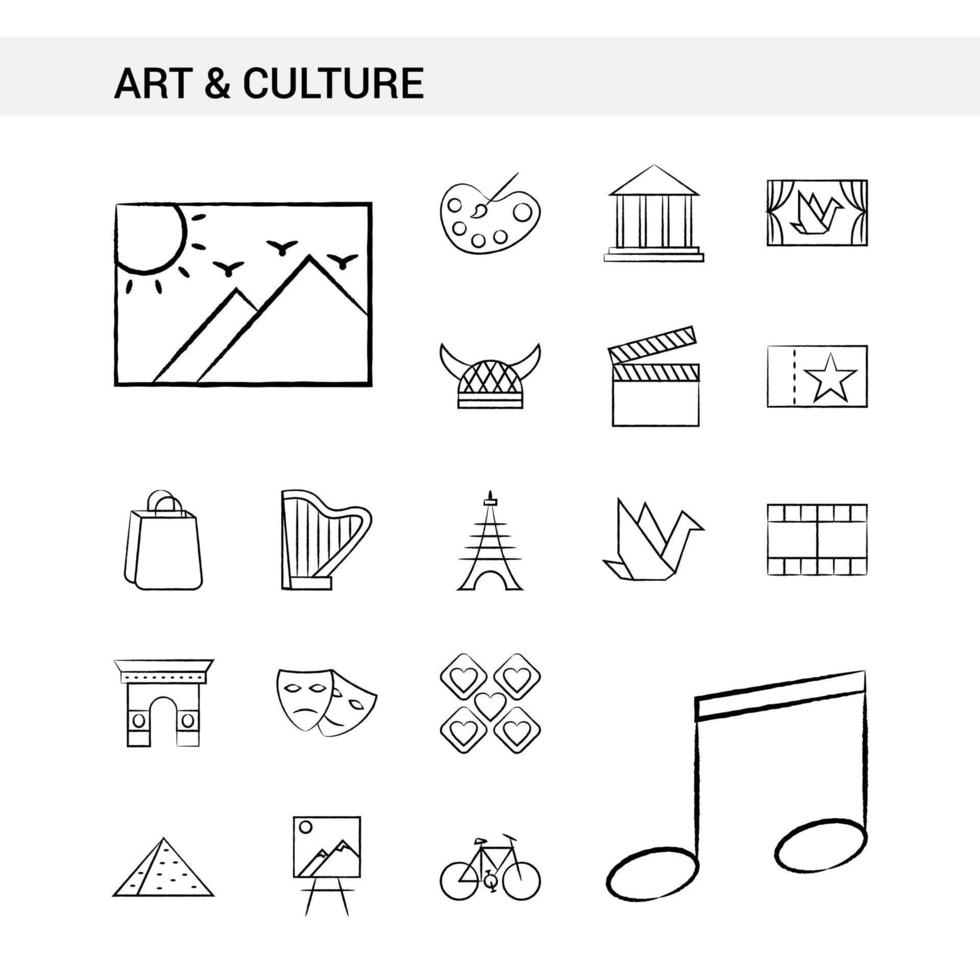 kunst und kultur handgezeichnete symbolsatzart lokalisiert auf weißem hintergrundvektor vektor