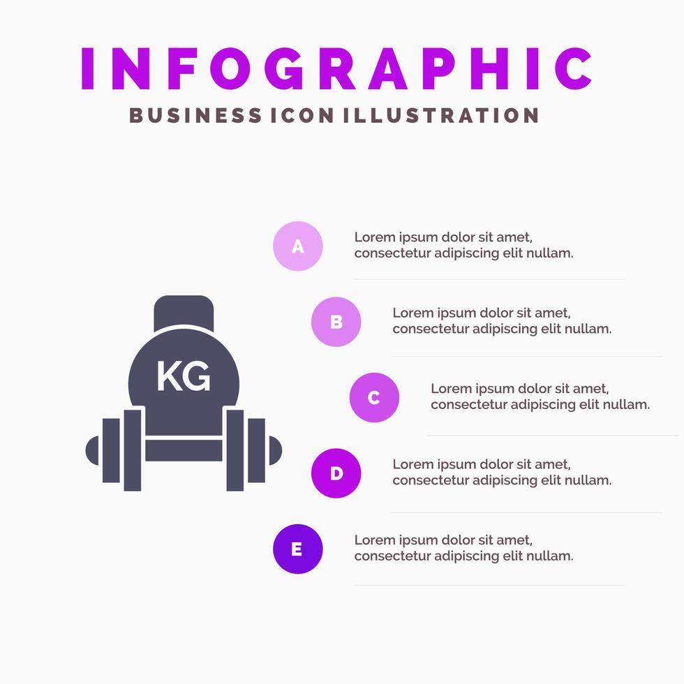 Langhantel Hantel Ausrüstung Wasserkocher Glocke Gewicht solide Symbol Infografiken 5 Schritte Präsentation Hintergrund vektor