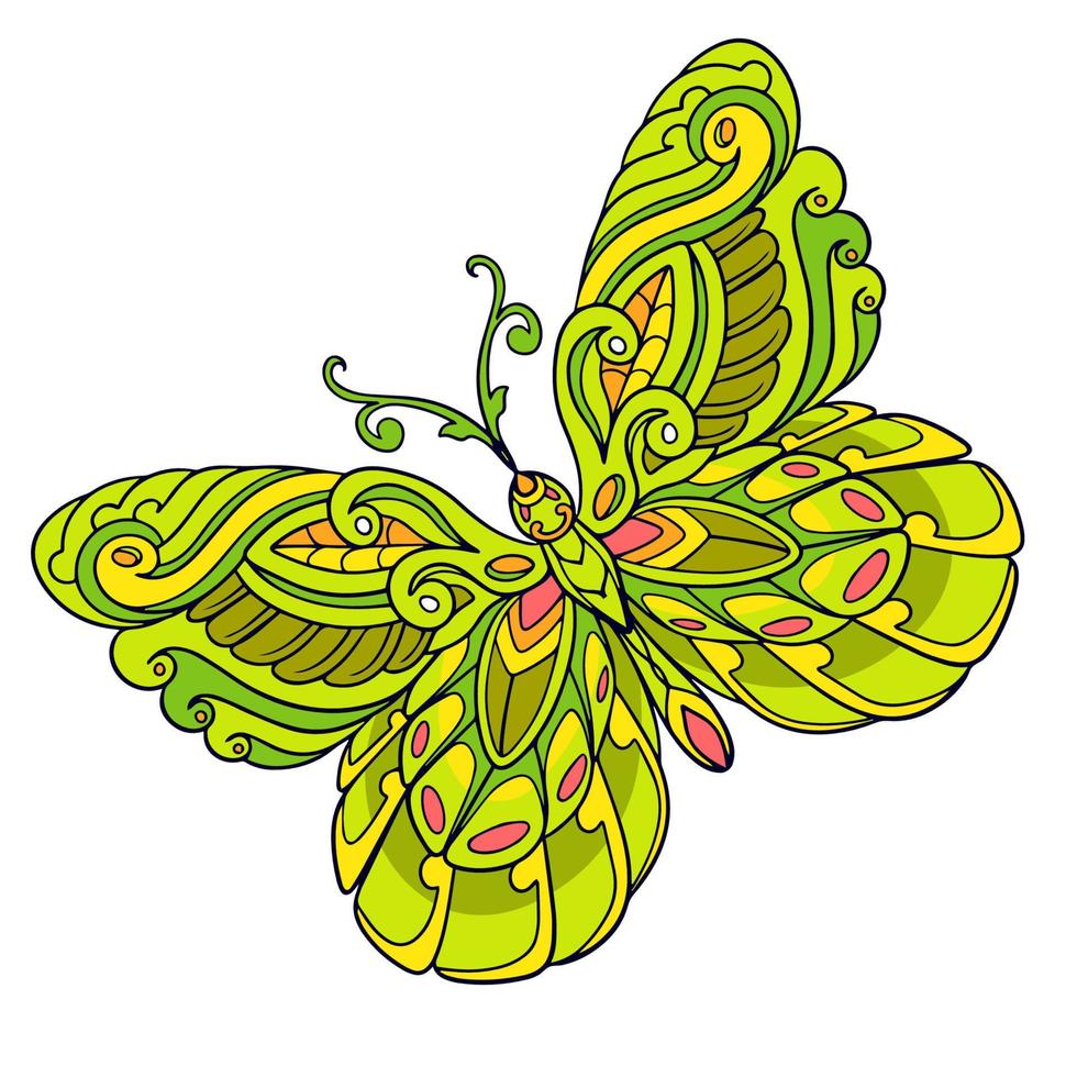 bunte Schmetterlings-Mandala-Kunst isoliert auf weißem Hintergrund. vektor