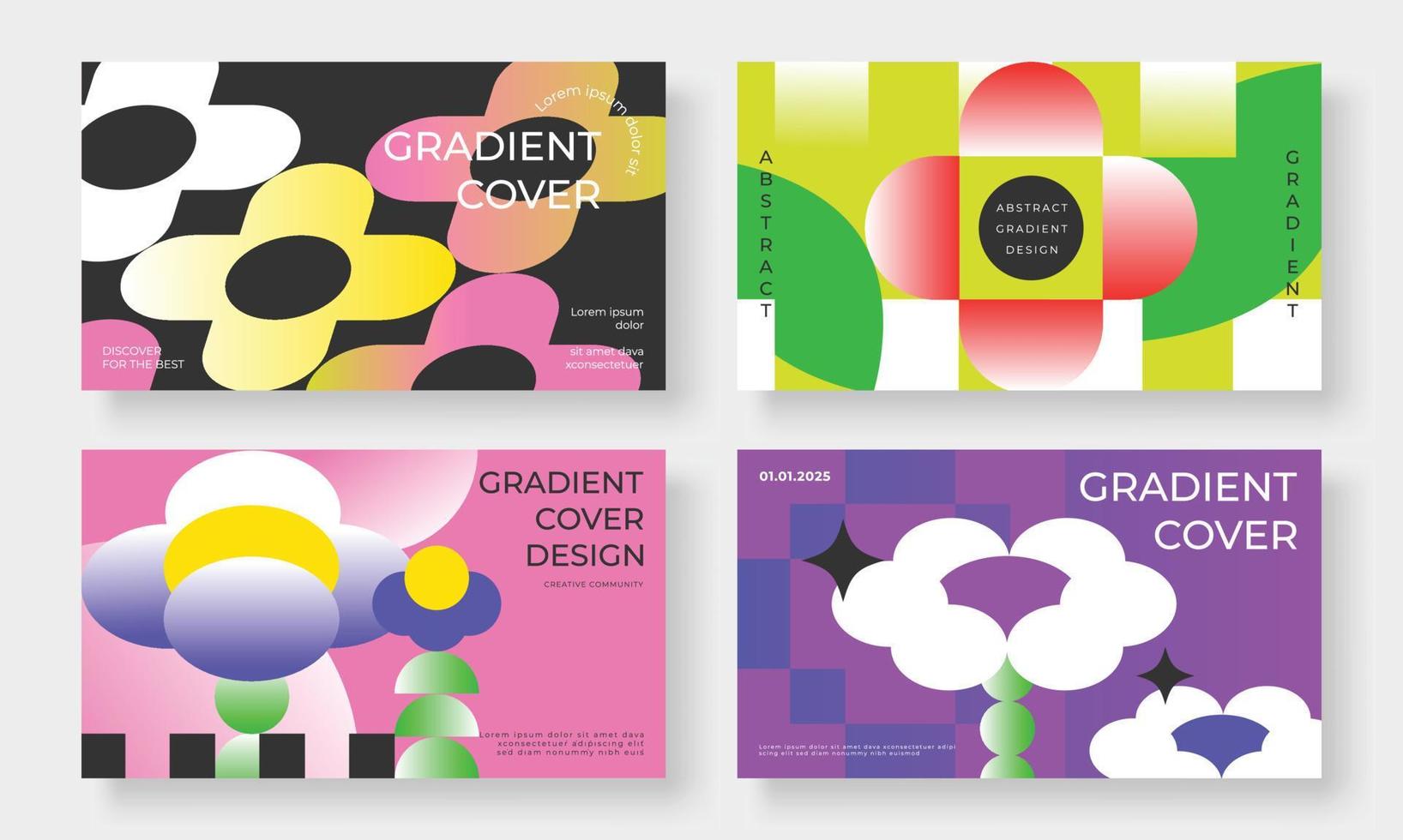 satz des schablonenhintergrunddesignvektors. sammlung kreativer lebendiger abstrakter farbverlaufsblumen in geometrischen formen, retro, grooviger stil. Kunstdesign für Visitenkarten, Cover, Banner, Tapeten. vektor